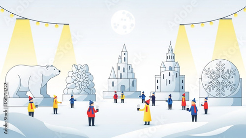 People in warm clothing gather around ice sculptures of polar bear, snowflake, and castle at winter festival with spotlights
