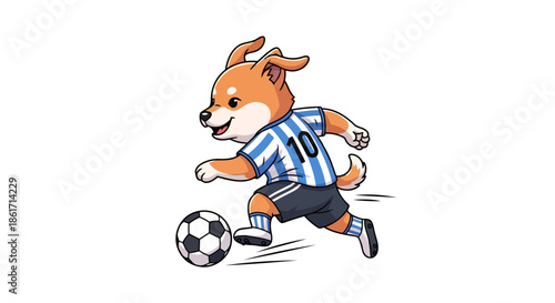 Cute cartoon shiba inu puppy dog character playing soccer kicking ball wearing blue striped jersey with number ten shorts isolated white background