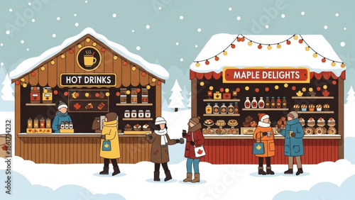 People buying food and drinks from winter christmas market stalls with hot chocolate and maple syrup products on snowy day
