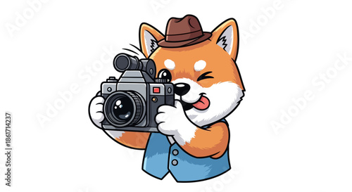 A cute shiba inu dog character wearing a brown fedora hat and a blue vest is enthusiastically taking a picture with a vintage camera, winking playfully at the viewer
