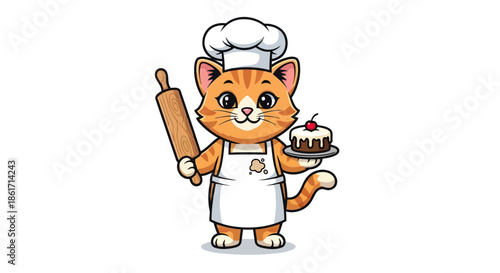 Cute cartoon cat chef holding rolling pin and cake with cherry on top, depicting adorable culinary character wearing chef hat and apron ready to bake