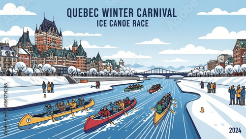 Quebec winter carnival ice canoe race on frozen river with spectators and historic buildings in background during winter festival