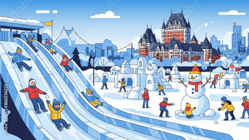 Children playing on ice slides, snowman, and ice castle in winter wonderland scene with cityscape, kids sledding and having fun in snow park