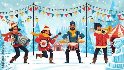 Four musicians playing instruments in snowy winter scene with colorful flags and tents