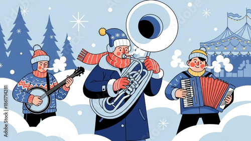Three cartoon musicians playing banjo, tuba and accordion in snowy winter scene with pine trees and tent