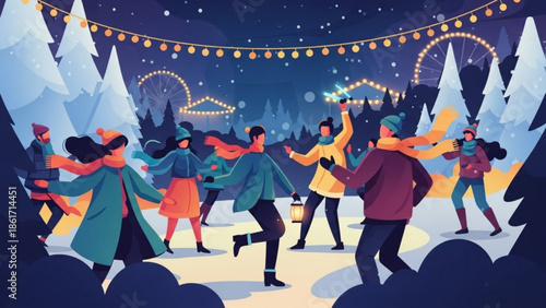 People ice skating and dancing together in a winter wonderland with colorful string lights and snow covered trees at night