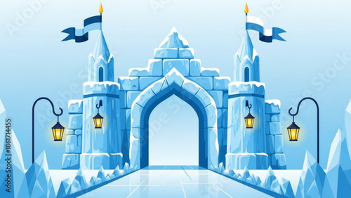 Ice castle gate with towers and lanterns in winter landscape, frozen architecture, snow covered pathway, fantasy scene