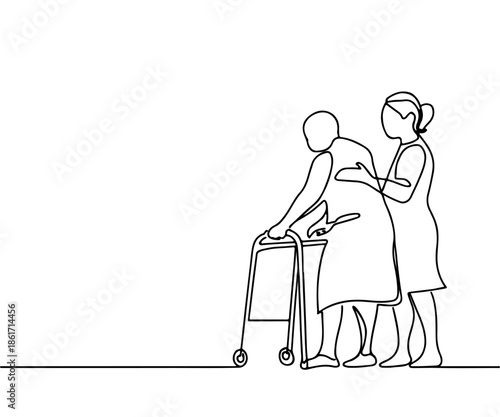 Minimalist Line Drawing of Elderly Care Support