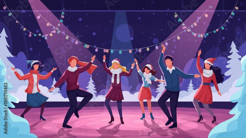 Group of people dancing on ice rink with christmas lights and decorations at night, festive winter scene with joyful friends having fun together outdoors