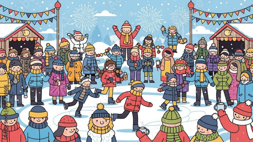 A large group of happy children and adults ice skating together on a snowy day at an outdoor rink with colorful buildings and bunting