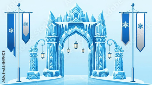 Ice palace entrance with snowflakes and lanterns, winter wonderland scene with frozen architecture and hanging banners