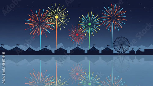 Vibrant fireworks exploding in night sky above amusement park with ferris wheel and buildings, reflected in water, colorful lights and stars