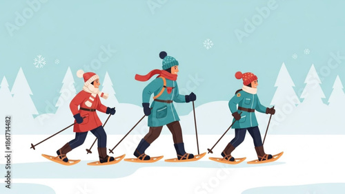 Three people skiing together in winter landscape with snowflakes and trees, wearing warm clothing and skis, outdoor fun and recreation