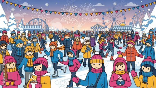 A lively winter festival with people ice skating and having fun at an outdoor fairground with colorful decorations and fireworks in the evening sky