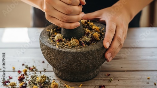 Crafting herbal remedies at home: A person using a mortar and pestle to grind herbs