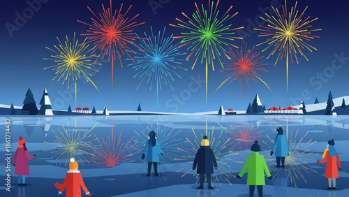 People watching colorful fireworks display on winter night, frozen lake, snowy landscape, celebration, new year, festive atmosphere, cold weather, group of adults