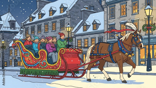 A festive horse drawn sleigh ride through a snowy town at night with people enjoying the winter scenery