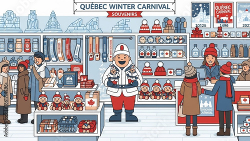 Quebec winter carnival souvenir shop with people buying cold weather clothing and gifts