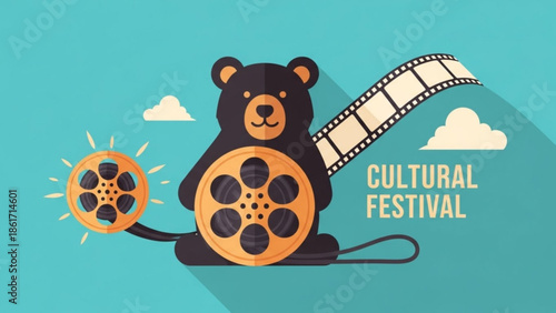 A cute black bear holding a film reel with a sunny background and clouds, cultural festival concept