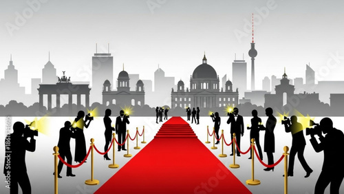Red carpet event with photographers and crowd in front of city skyline, formal gala, step and repeat, velvet rope, flashbulbs, paparazzi, berlin, germany, luxury