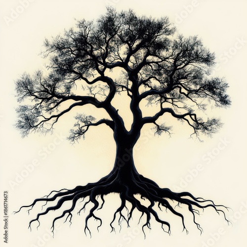 Wallpaper Mural Solitary gnarled tree with sprawling branches and exposed roots in stark black silhouette on a pale background, evoking quiet resilience and contemplative stillness Torontodigital.ca