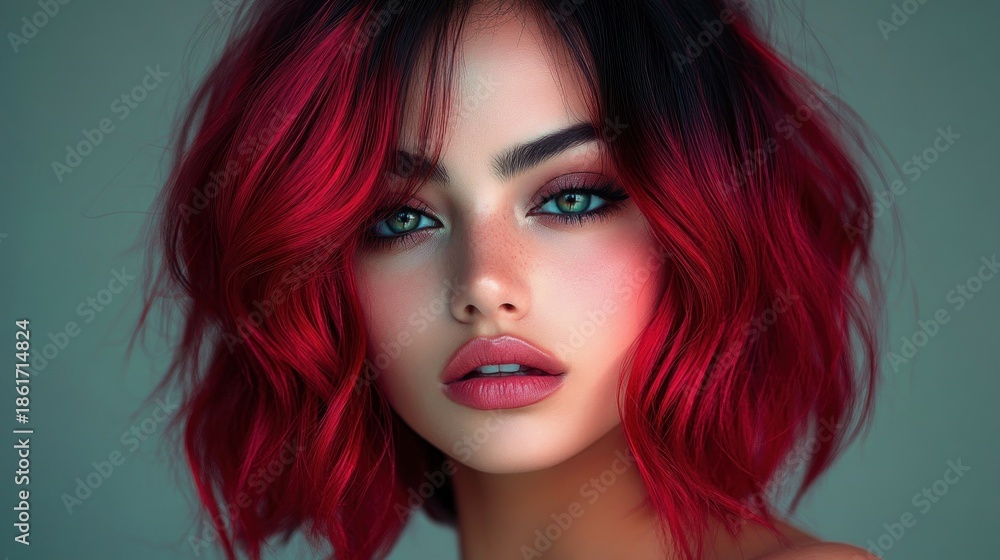 Fototapeta premium Vibrant magenta wavy bob haircut and bare shoulder against teal backdrop, playful confident edgy mood