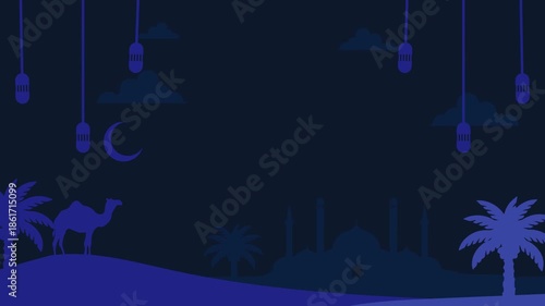 Ramadan Night Islamic Background in Deep Navy Blue with Mosque Silhouette and Hanging Lanterns