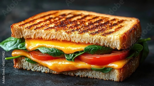 toasted grilled cheese sandwich with melted cheddar, ripe tomato slices and fresh spinach between golden brown crusty bread, warm comforting and appetizing close-up