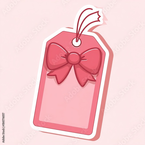 A pink gift tag with a bow on a light pink background