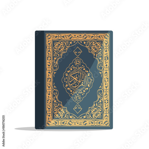 Holy quran book with gold arabic calligraphy and ornaments in flat vector