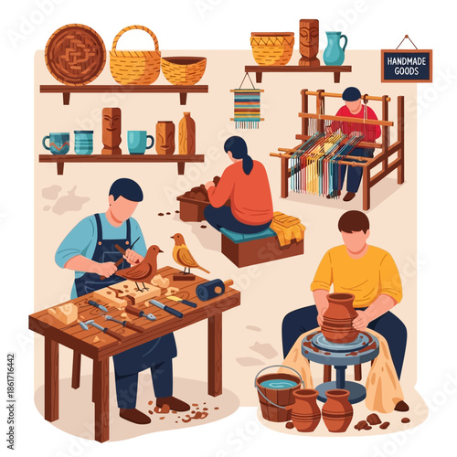 Artisans crafting handmade goods in a workshop, showcasing various traditional crafts and skills.
