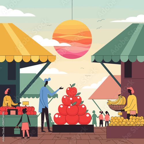 Vibrant outdoor market scene with diverse people and fresh produce.