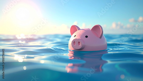 Piggy bank floating on calm blue sea with gentle ripples, sunlight reflecting on water, peaceful and whimsical mood, clear sky, outdoor scene