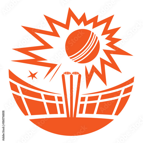 Abstract Cricket Action Icon with Ball and Stadium Burst Illustration