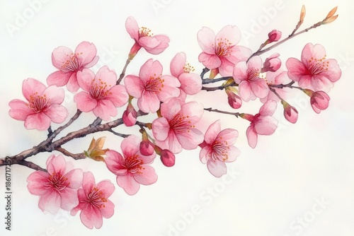 Watercolor painting of a delicate pink cherry blossom branch in full bloom with soft petals and a serene springtime mood