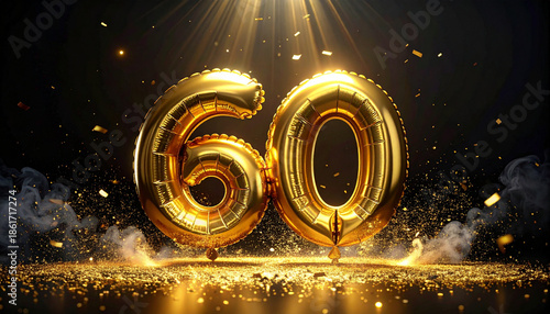 Golden metallic balloon number 60 with dramatic rim light, confetti, and sparkling dust on black background, festive and celebratory mood for anniversary or birthday event
