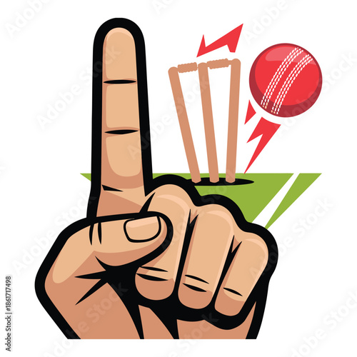 Cricket Out Sign Vector Illustration with Umpire Finger and Hit Wicket
