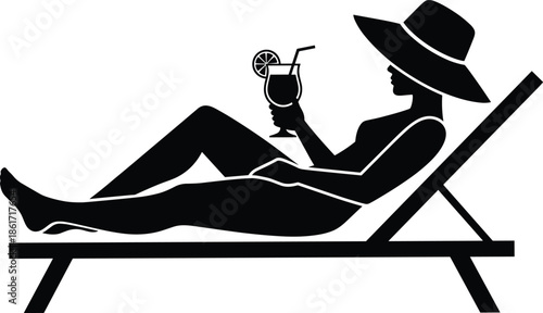 Relaxing woman silhouette on beach lounger, summer vacation lifestyle, cocktail drink, leisure travel concept illustration isolated white background vector graphic