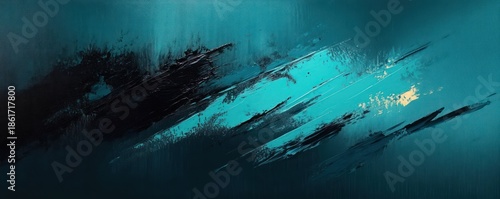 teal and black textured diagonal paint strokes with bright turquoise highlights and a small gold fleck, dramatic and energetic abstract composition