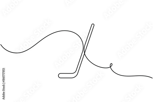 Simplified hockey stick icon continuous one line drawing on white background minimalist sport branding symbol outline vector illustration