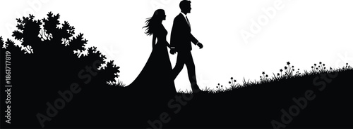 Romantic couple silhouette walking together outdoors, love, relationship, marriage, wedding concept, man and woman, nature, romance, partnership