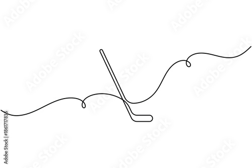 Simplified hockey stick icon continuous one line drawing on white background minimalist sport branding symbol outline vector illustration