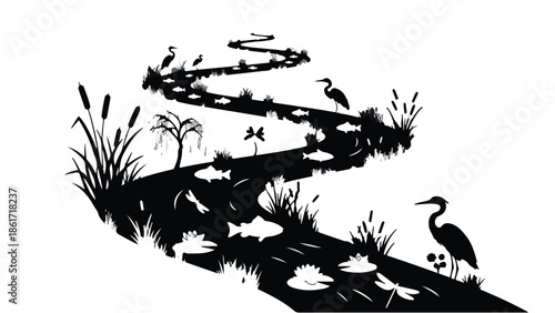 Serpentine river winding through a vibrant wetland teeming with diverse wildlife and aquatic life.