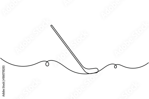Simplified hockey stick icon continuous one line drawing on white background minimalist sport branding symbol outline vector illustration