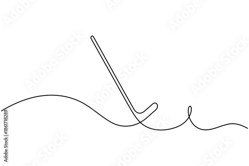 Simplified hockey stick icon continuous one line drawing on white background minimalist sport branding symbol outline vector illustration