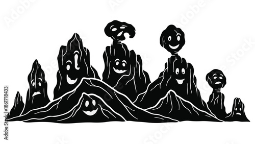 Whimsical black silhouettes of playful mountain creatures with expressive faces in a monochrome landscape