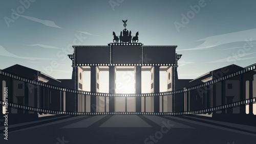 Brandenburg gate berlin germany iconic landmark illustration, film strip frame, gray background, sunny, cinematic feel, famous gate silhouette, statues on top, columns