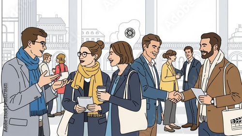 Group of business professionals networking and socializing in a modern urban setting with coffee cups and documents