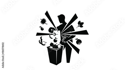 Silhouette of a person in the center of a burst of fruits and vegetables radiating outward.