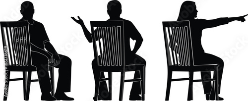 Silhouette people sitting on chairs showing different gestures communication discussion body language isolated on white background illustration concept teamwork interaction